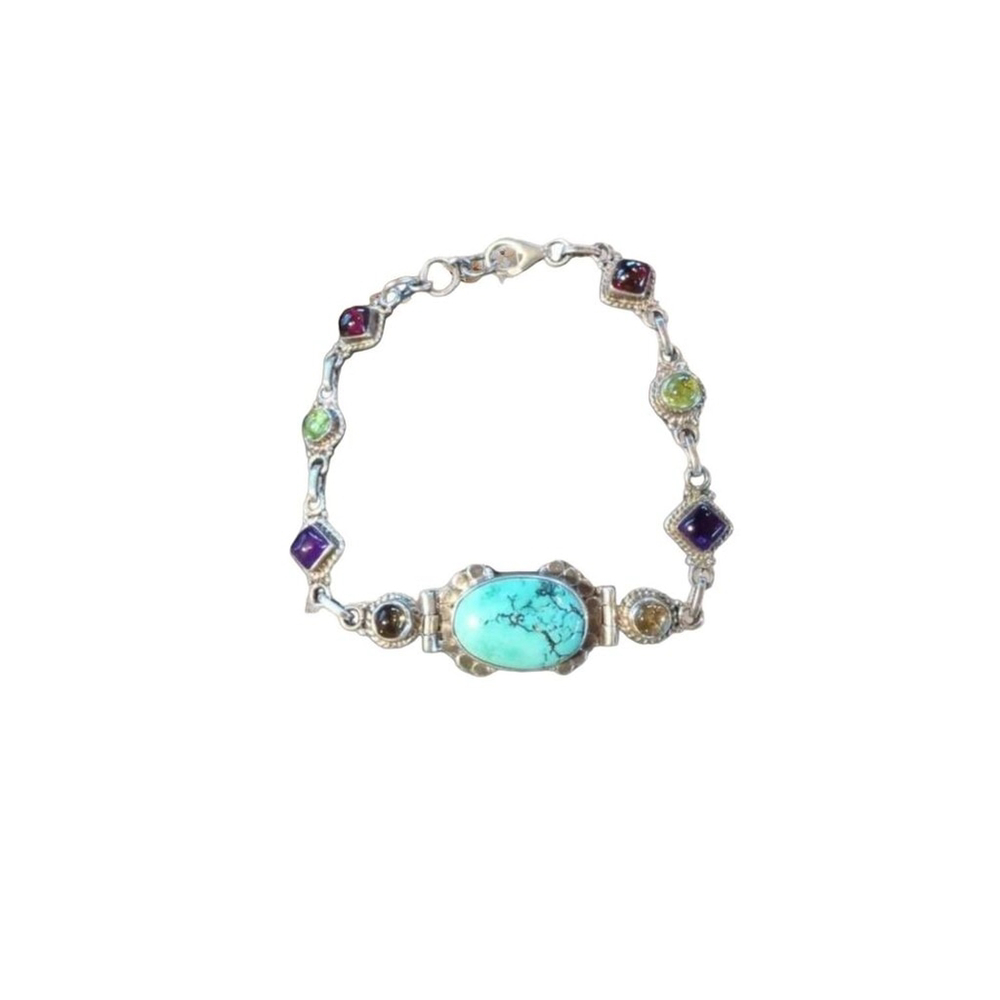 Sterling Silver Scarab Bracelet Turquoise Multicolored Gems - Picture 2 of 3